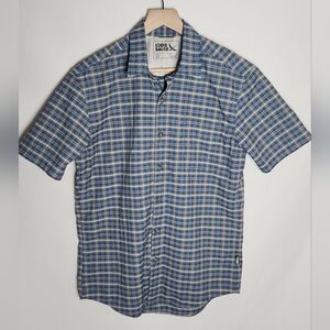 Eddie Bauer Navy Checkered Men's Shirt Small Plaid Button Up Short Sleeve Collar
